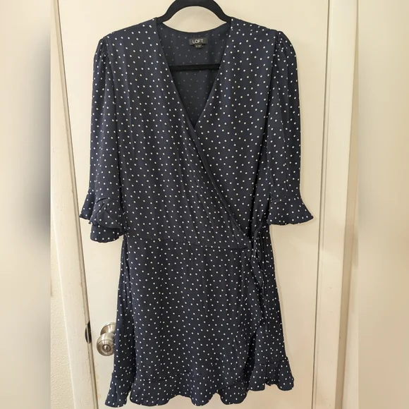 LOFT Dark Blue Polka Dot Long Sleeve Dress - Picture 2 of 4